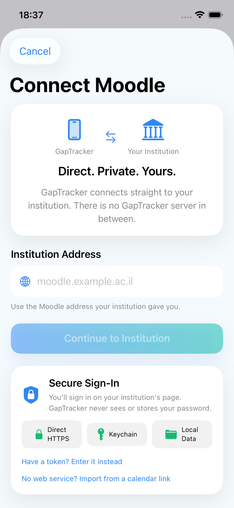GapTracker Moodle connection screen with institution address, direct HTTPS, secure sign-in, Keychain and calendar-link alternatives.